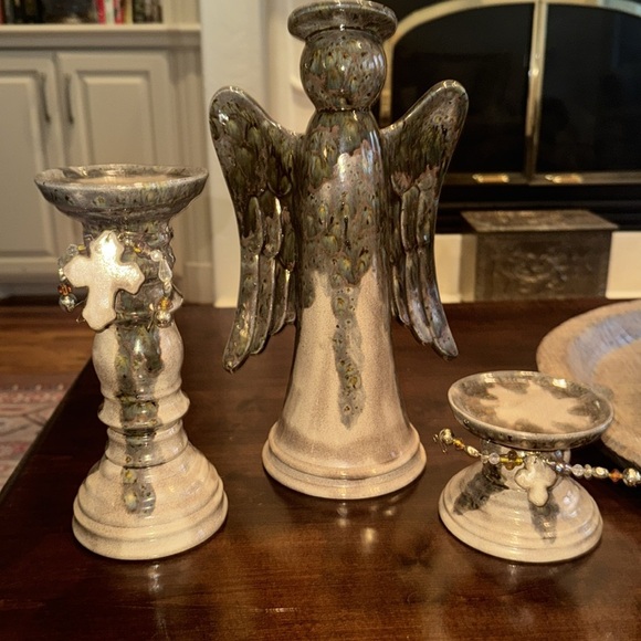 Gorgeous Cornwell Pottery Candle Holders w Matching Angel Pottery Cross/beads - Picture 1 of 10